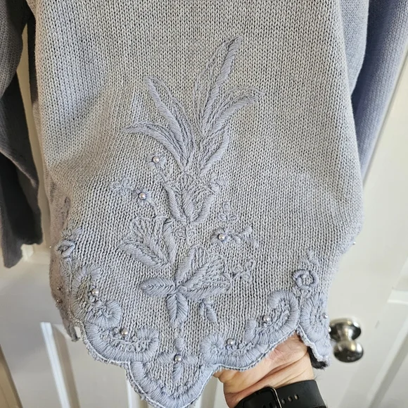 Sweater Bee Women Large Vintage 80s Knit Sweater Lavender Ramie Beaded Floral - Picture 3 of 7